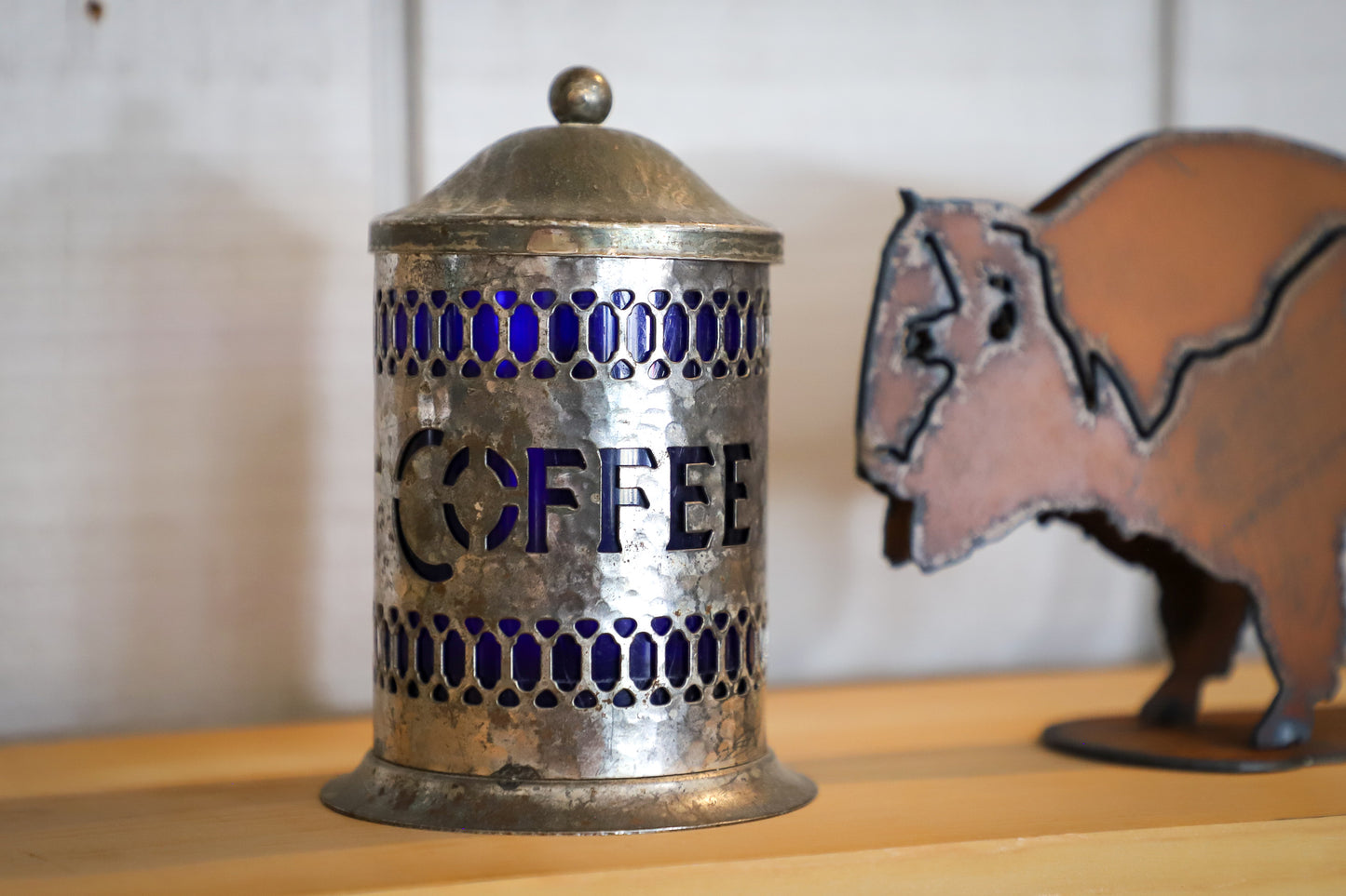 Vintage English Hammer Plated Coffee Canister and Blue Plastic Insert Home Decor