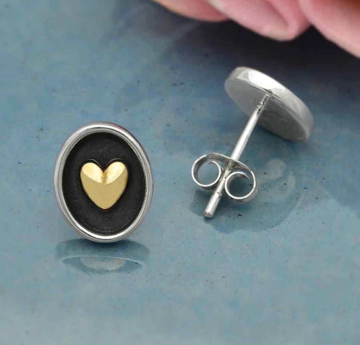 Sterling Silver Shadow Box Earring with Bronze Heart 10x9mm