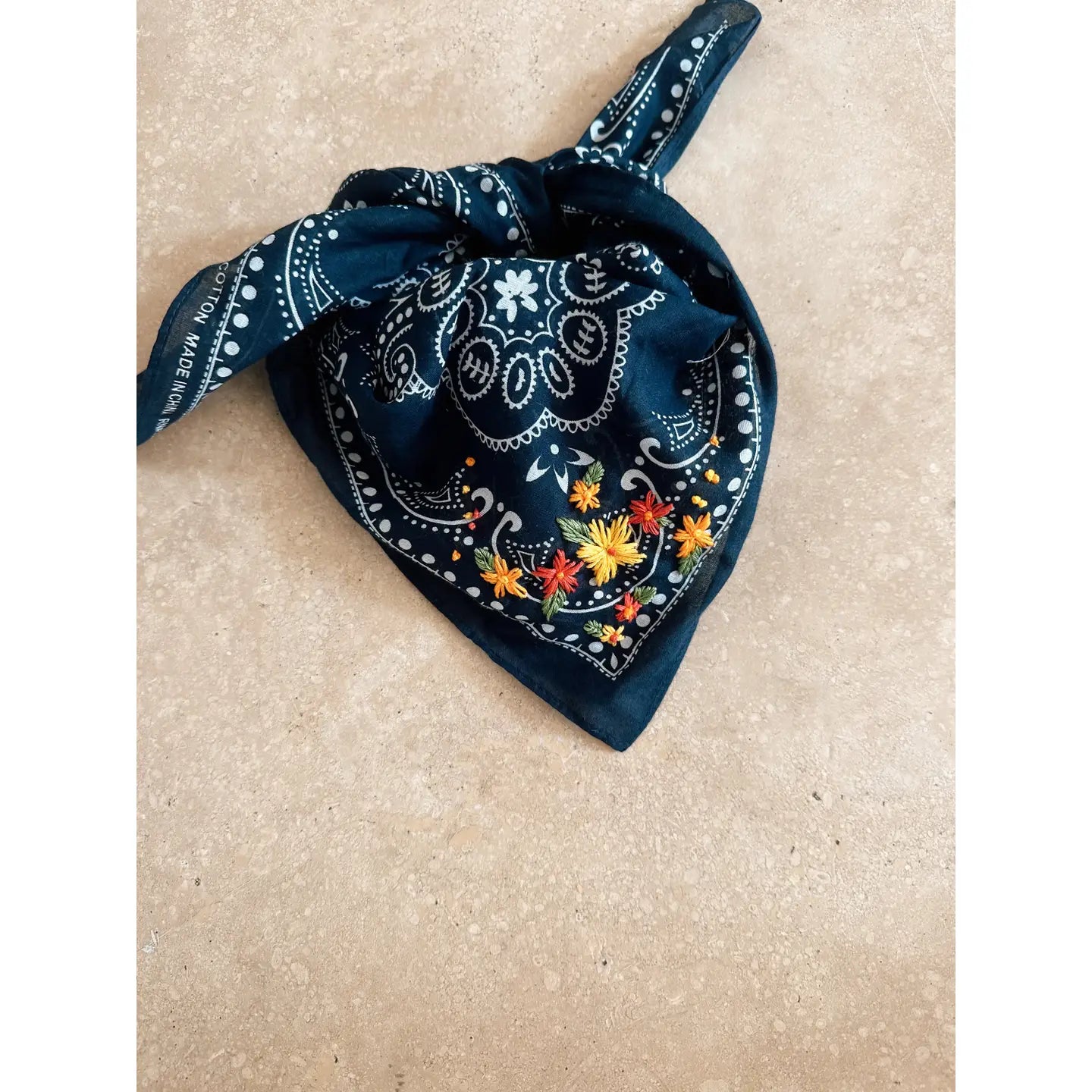Embroidered Navy Bandana