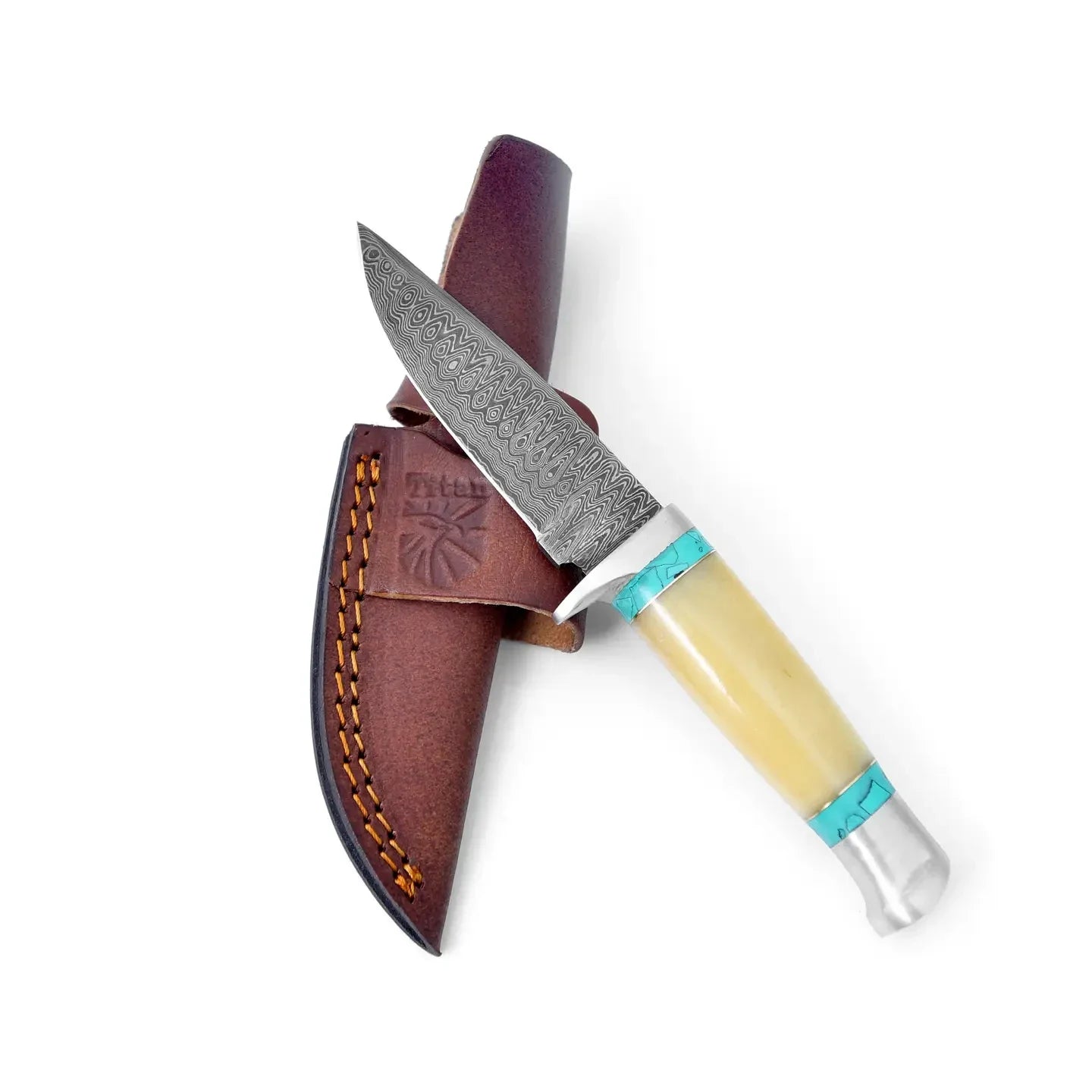 Damascus Hunting Knife with leather sheath