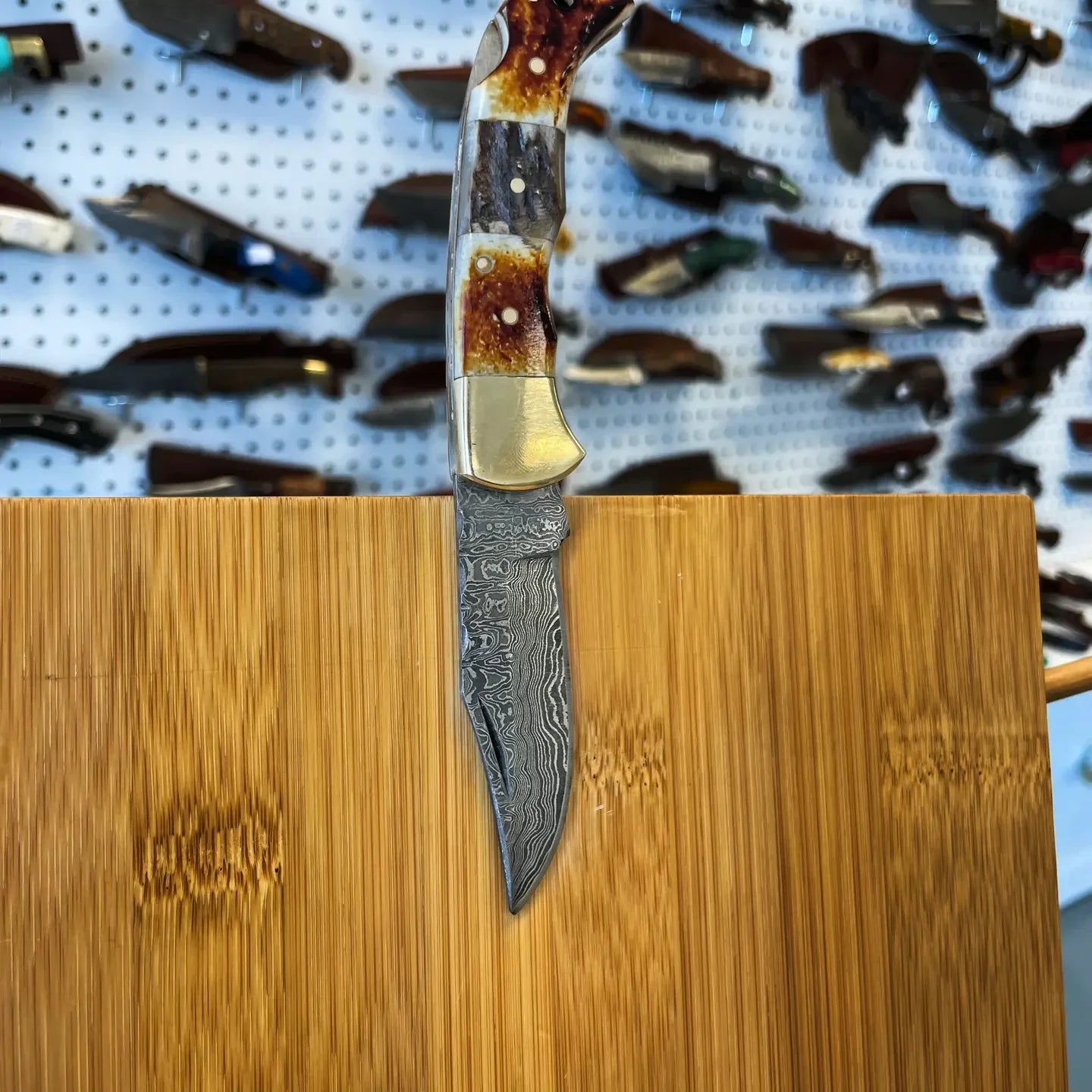 Burnt Bone and Stag Horn Folding Knife with Leather Sheath