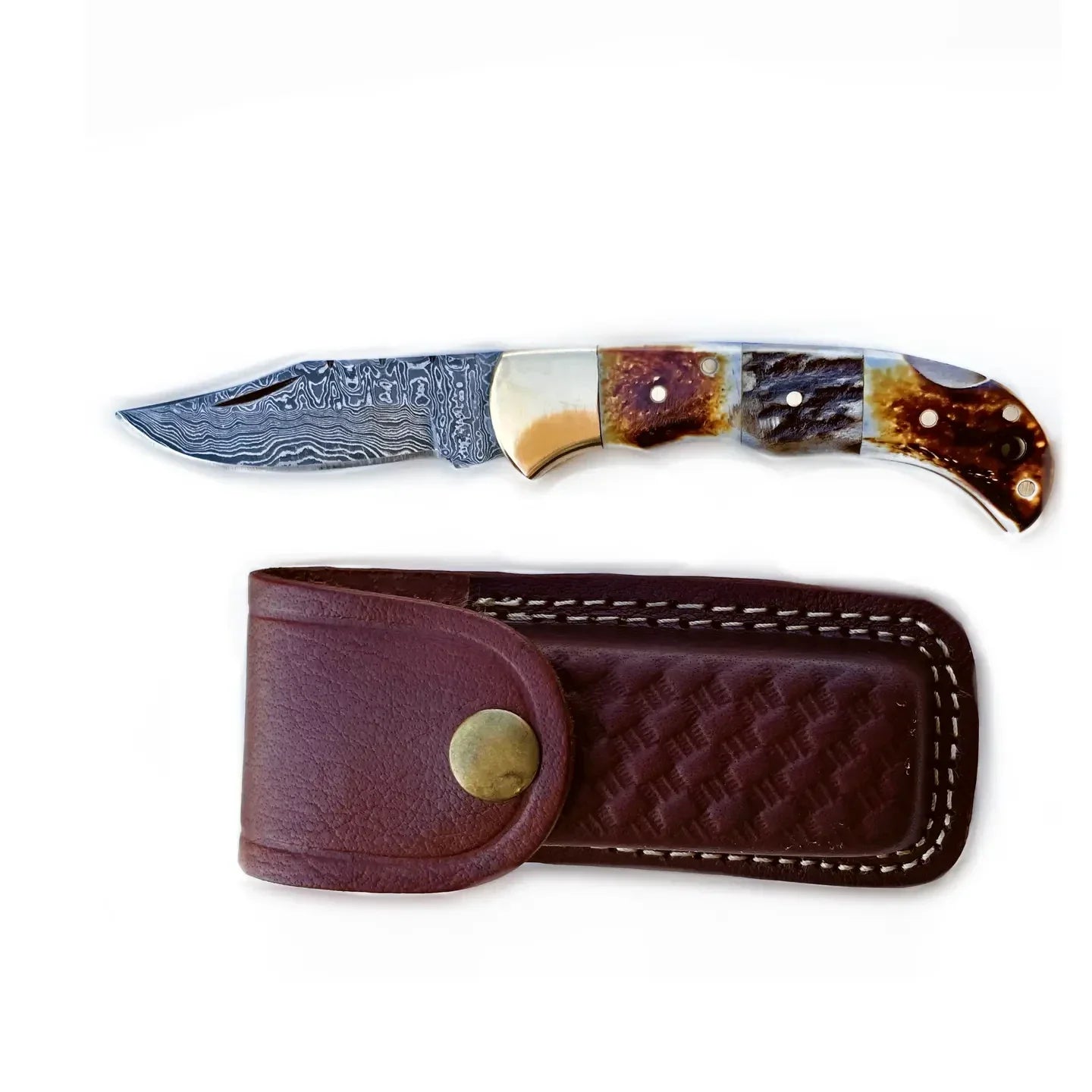 Burnt Bone and Stag Horn Folding Knife with Leather Sheath