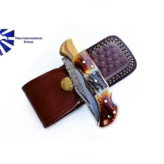 Burnt Bone and Stag Horn Folding Knife with Leather Sheath