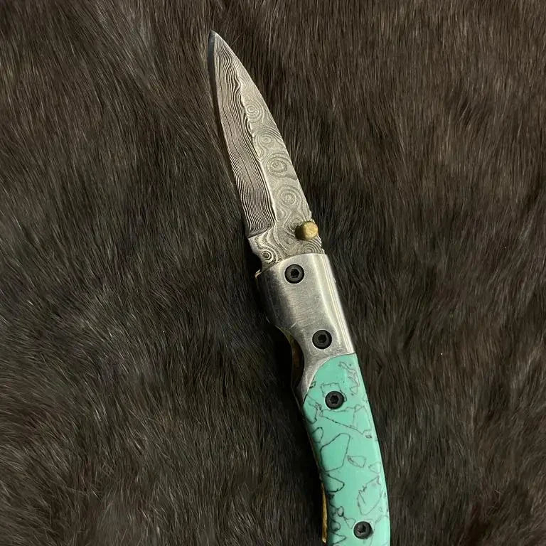 Azureglide Damascus Steel Turquoise (Resin) Pocket Knife