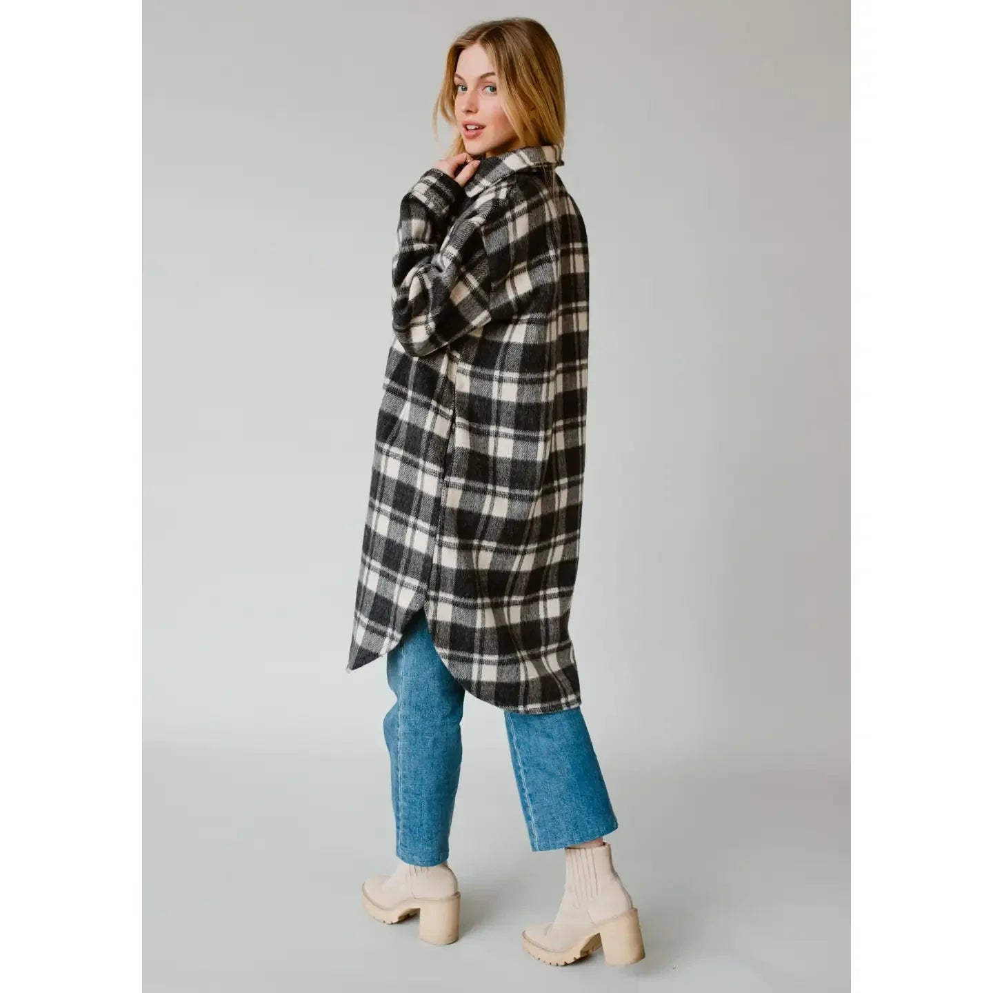 Black & Cream Plaid Long Flannel