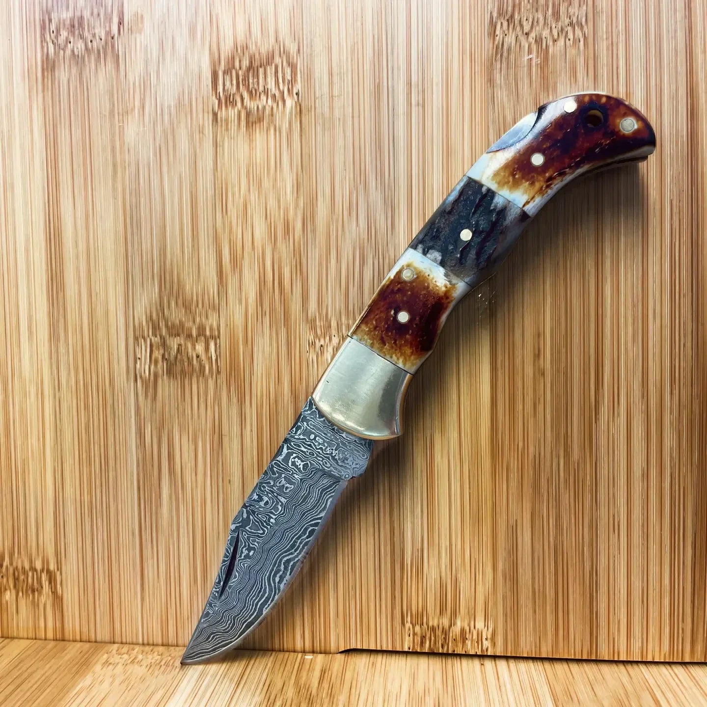 Burnt Bone and Stag Horn Folding Knife with Leather Sheath
