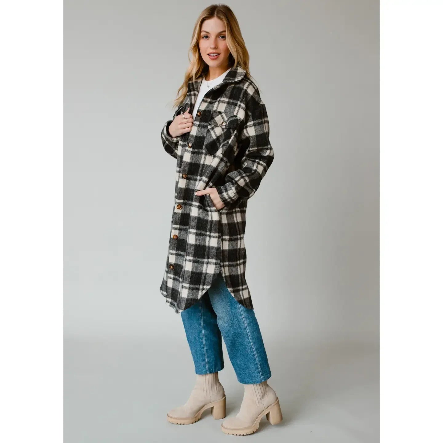 Black & Cream Plaid Long Flannel
